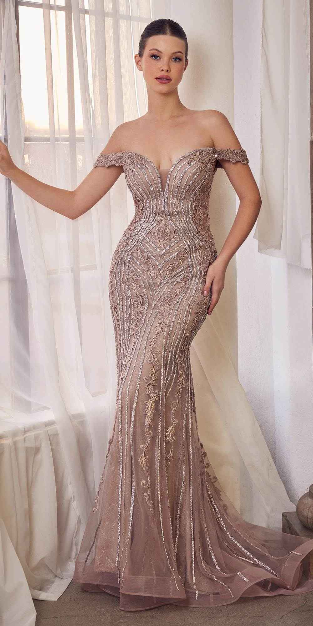 CLEARANCE - Andrea & Leo A1257 Long Off the Shoulder Dusty Mauve Prom Gown (Size 4)