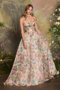 Andrea & Leo A1425 Long A-Line Strapless Corset Bodice Floral Print Gown – Prom Dress