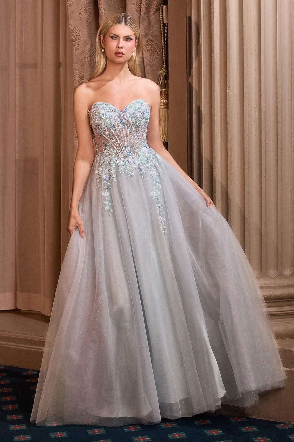 Andrea & Leo A1478 Strapless Sweetheart Boned Bodice Floral Applique Ball Gown – Prom Dress