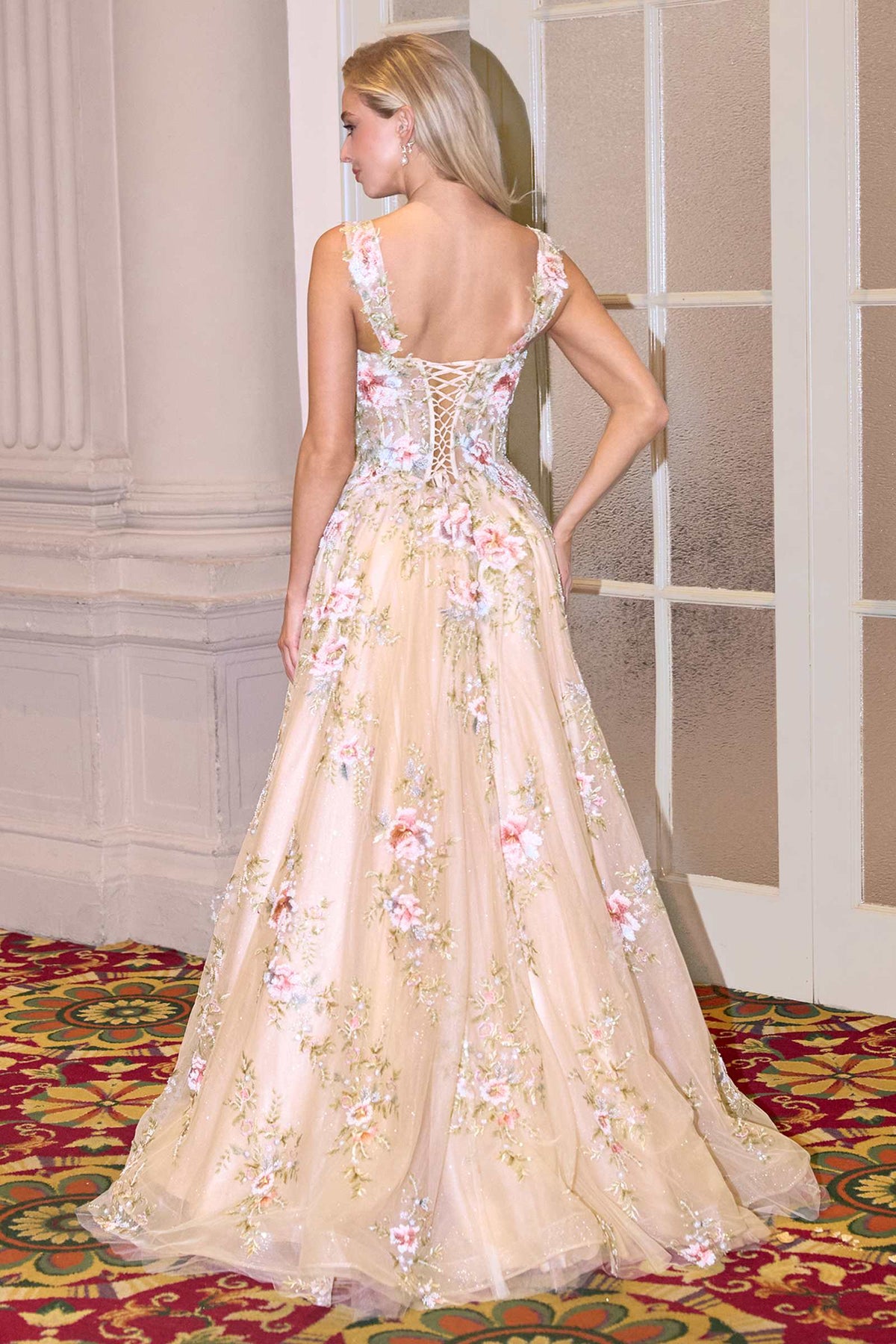Andrea & Leo A1480 Long A-Line Floral Embroidered Straps Tulle Gown – Prom Dress