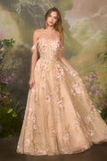 Andrea & Leo A1480 Long A-Line Floral Embroidered Straps Tulle Gown – Prom Dress