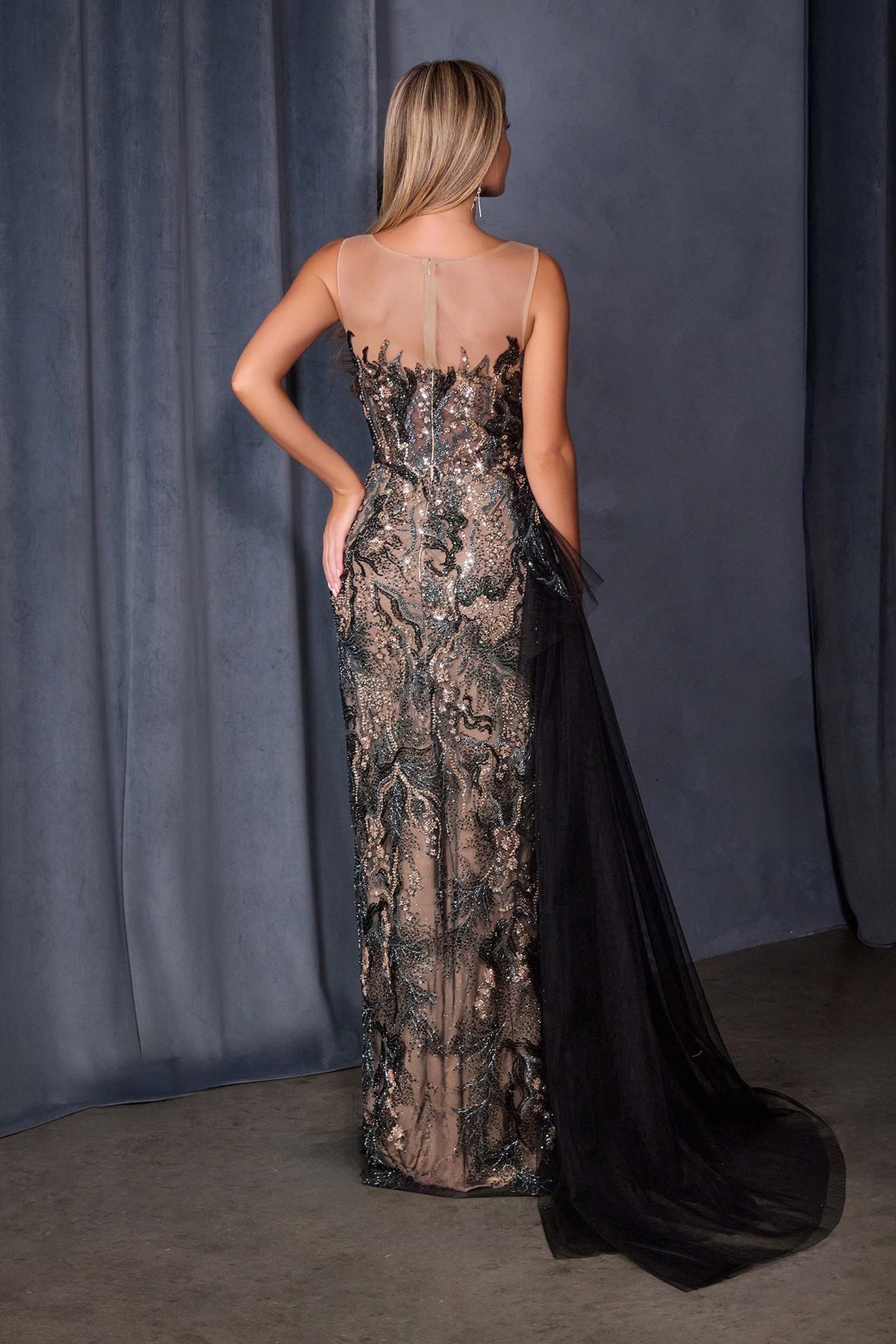 Andrea & Leo A1489 Fitted Formal Gown Sequin Embroidery Over Nude Mesh – Prom Dress