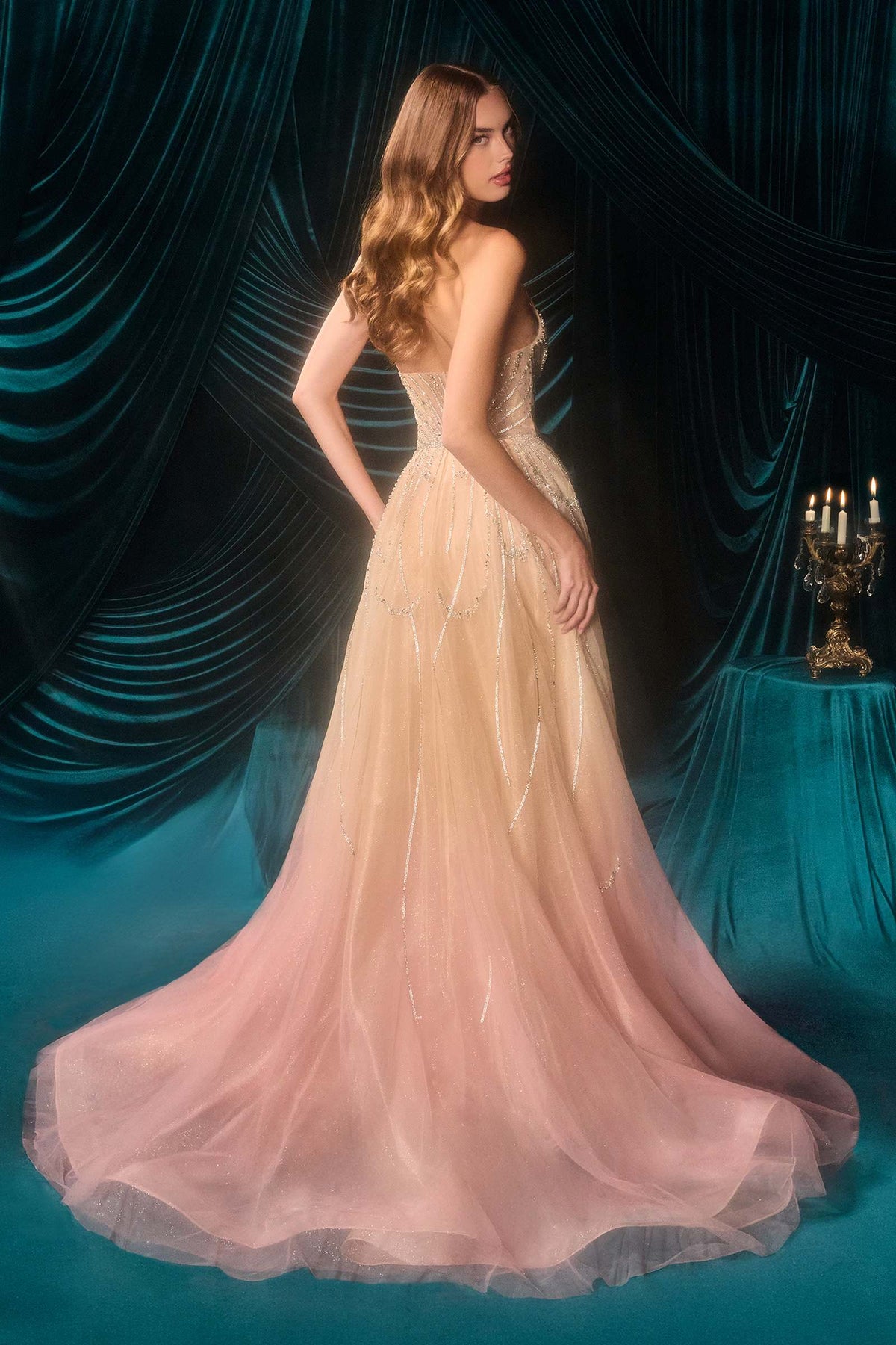Andrea & Leo A1508 Fitted Layered Overskirt Ombre Pattern Formal Gown – Prom Dress