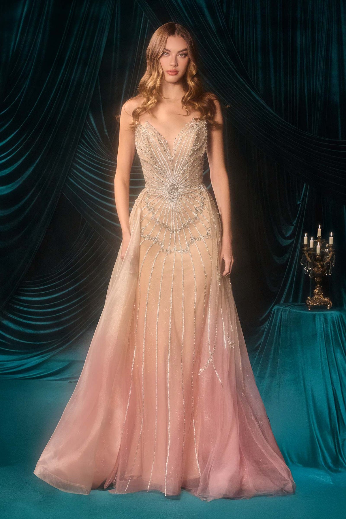 Andrea & Leo A1508 Fitted Layered Overskirt Ombre Pattern Formal Gown – Prom Dress