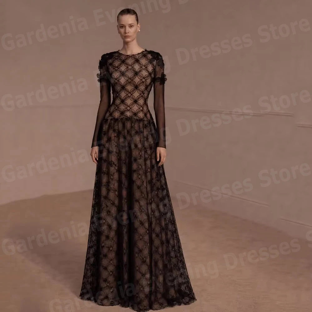 A-Line Long Sleeve Evening Gown – O-Neck Formal Party Dress