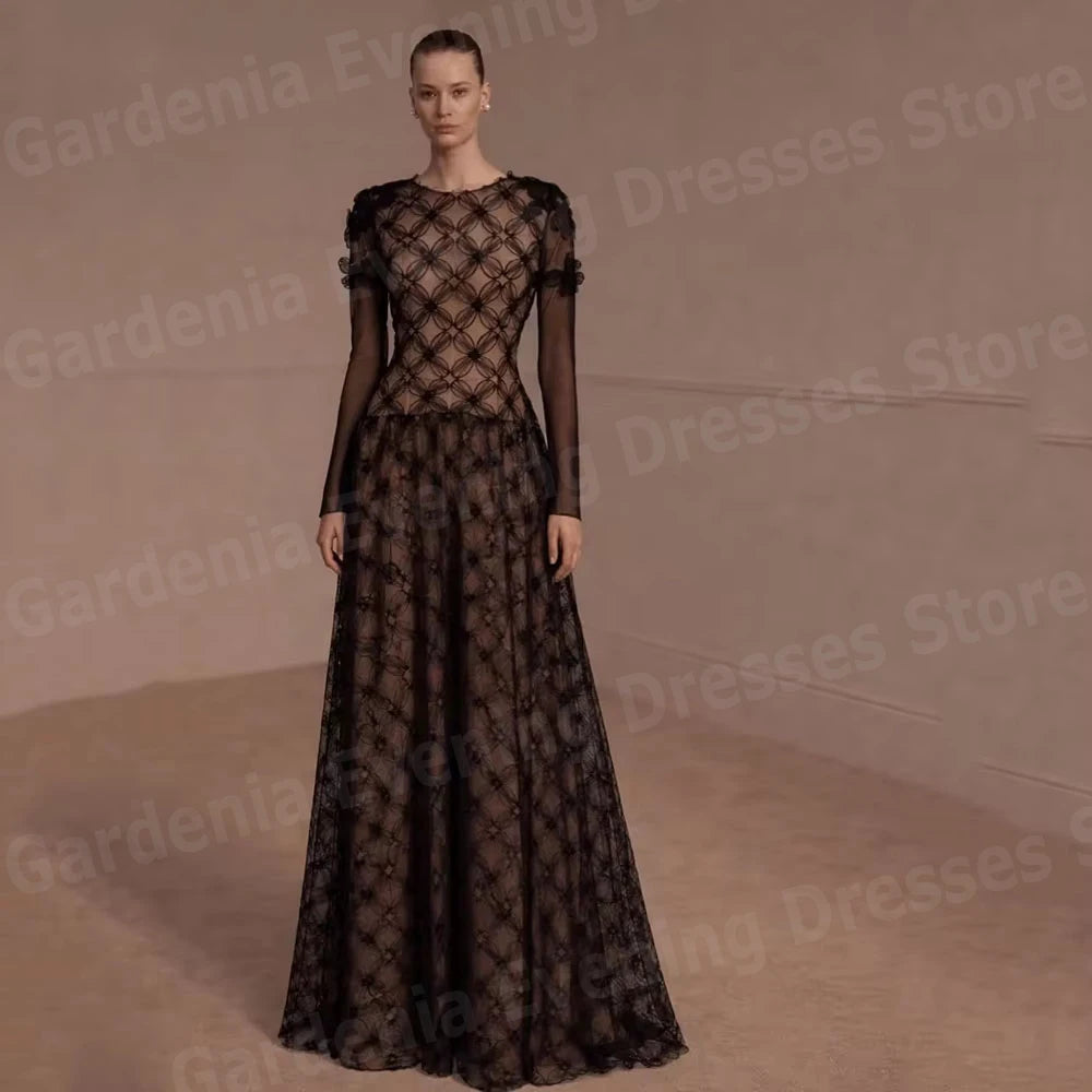 A-Line Long Sleeve Evening Gown – O-Neck Formal Party Dress