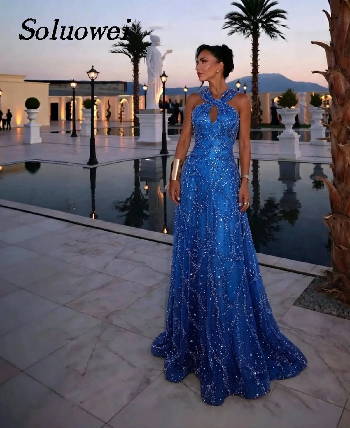 Beaded Halter Evening Gown – Criss-Cross Sequin A-Line Floor-Length Prom Dress