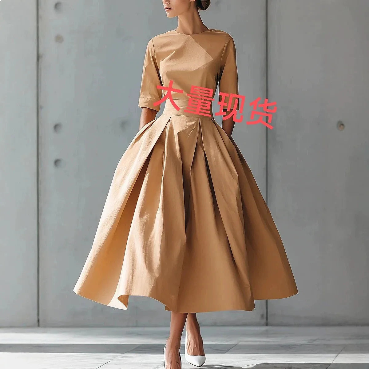 Casual V-Neck Dress – Short Sleeve Solid Color, Spring & Summer