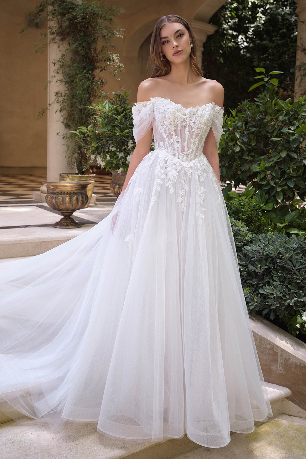 Andrea & Leo WL089 Off Shoulder Floral Lace Applique A-Line Wedding Gown
